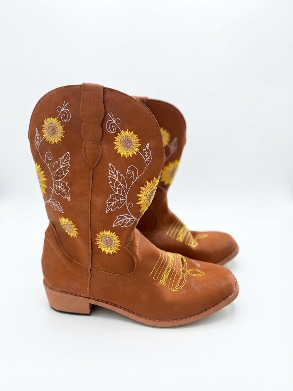 Brown Embroidered Sunflower Western Cowboy Boots Women’s Boho Cottagecore